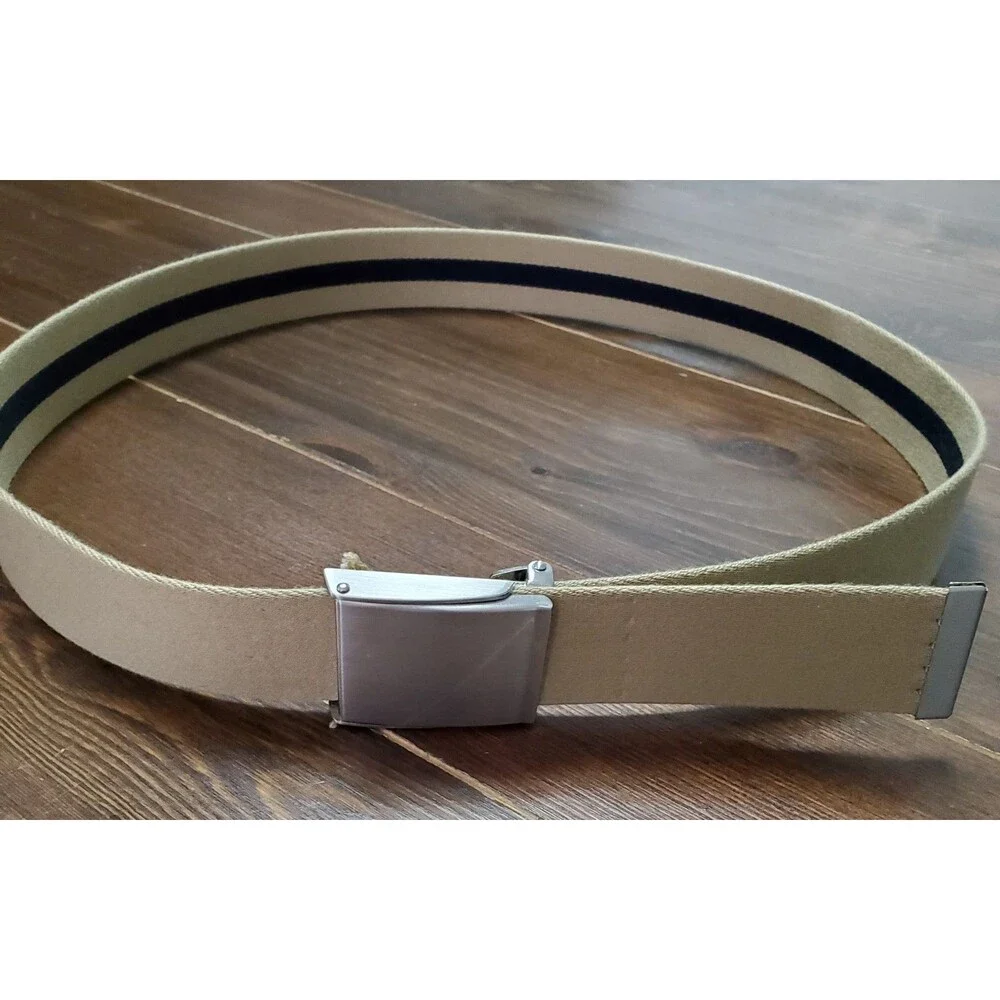 Ratchet Belt Mens 40-42 Beige Canvas Silvertone Buckle Reversible to Blue Stripe